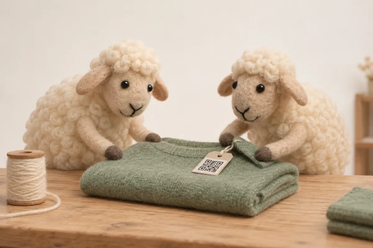 Two woollen sheep carefully inspecting a sage garment and its QR label at a textile workbench.
